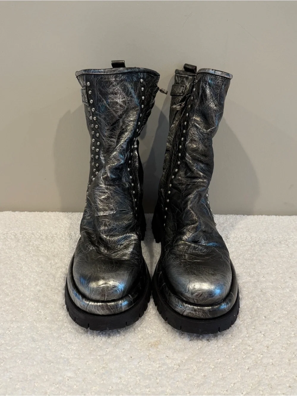 A.S.98 Duke Studded Leather Moto Boots | Metallic Pewter | EU 40